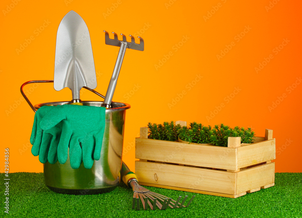 garden tools on lawn on bright colorful background close-up