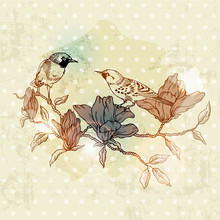 Vintage Spring Card With Bird And Flowers - Hand Drawn In Vector