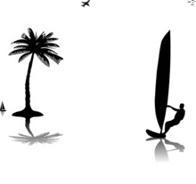 Silhouettes Of Man Windsurfer At The Sunset Near The Palm Tree