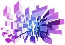 3D Flying Blocks In Shades Of Purple And Blue On White Background. Suitable For Business Presentation Of Products Or Communication Or Computer Technologies.
