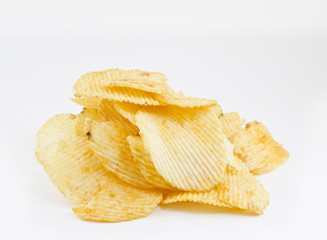 Pile of potato chips isolated on white background