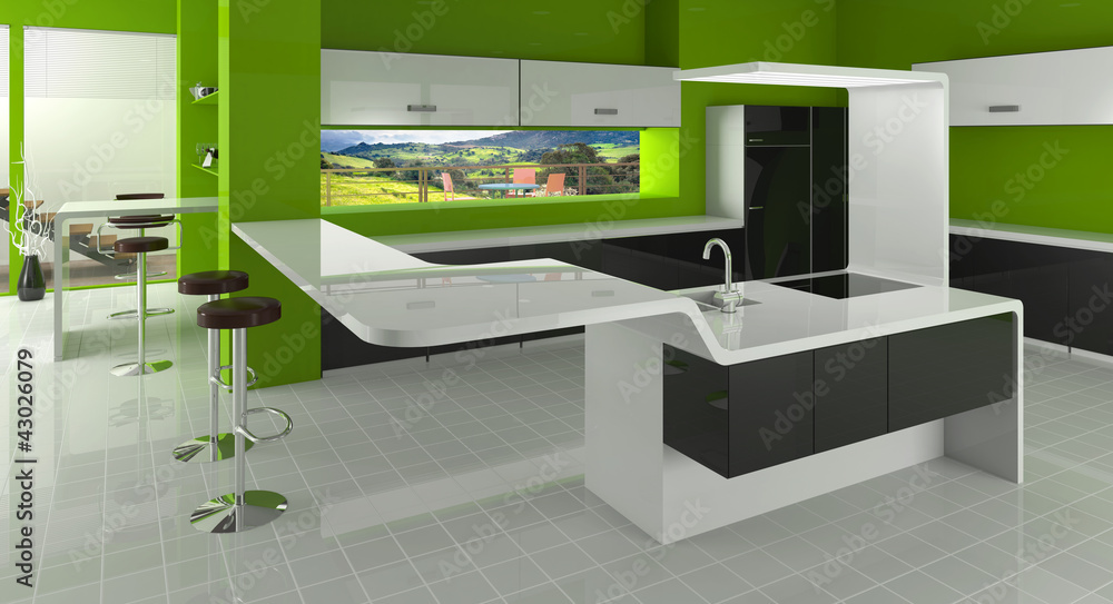Modern kitchen in green, black and white colors - obrazy, fototapety, plakaty 