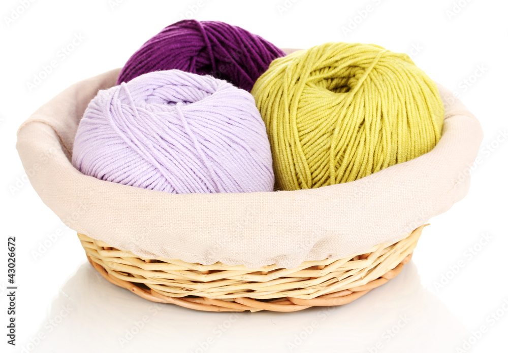 Knitting yarn in basket isolated on white