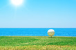 © Sergo - Golf ball on a stand in the background of the ocean. Portugal.