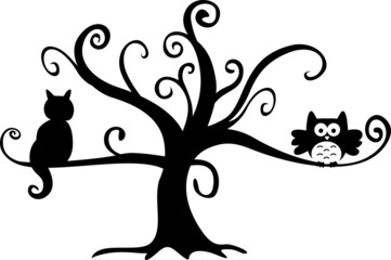 Halloween night owl and cat in tree