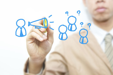 business man write social network image on the screen background