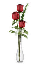 Three Red Roses In Glass Vase Isolated On White Background