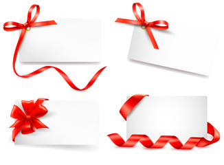 Poster - Set of card note with red gift bows with ribbons