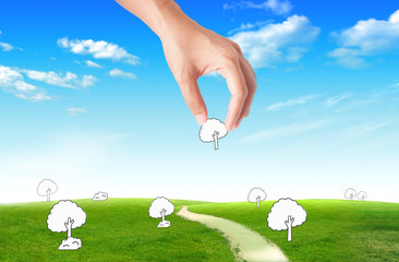 hand holding white tree for green eco concept
