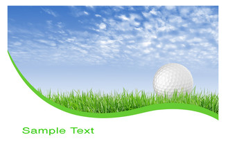 Close-up of golf ball with green grass and blue sky for web desi