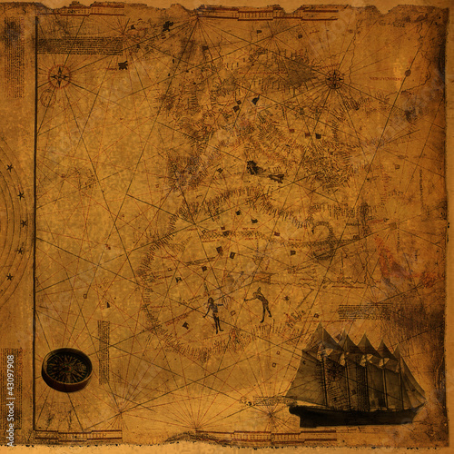 Obraz na płótnie canvas dwuczęściowy "dyptyk" Vintage mapę z kompasem i statkiem