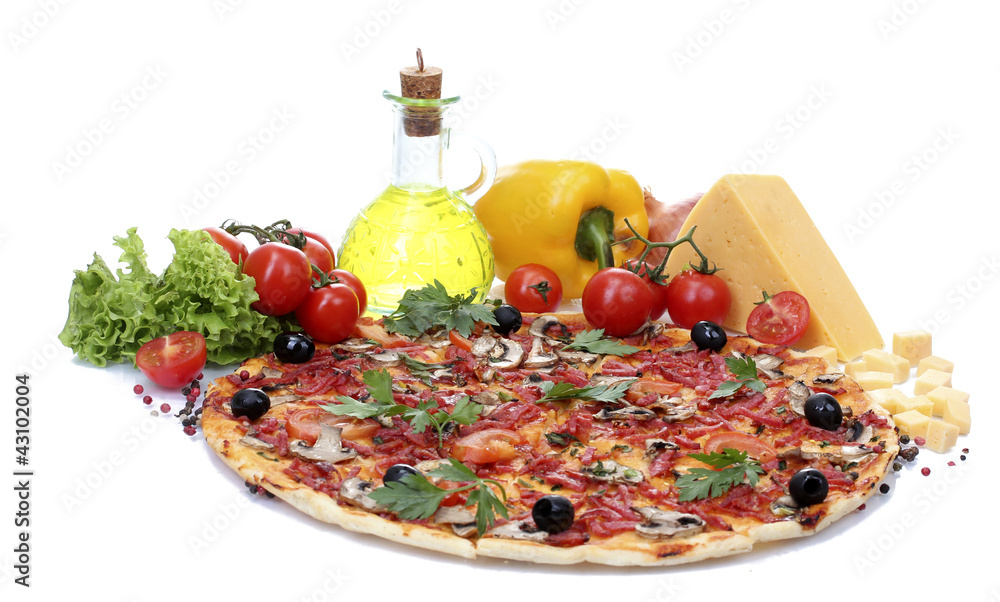 delicious pizza and vegetables isolated on white.