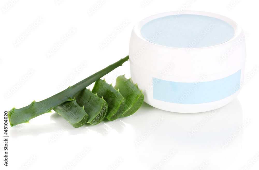 Jar of cream with aloe vera isolated on white