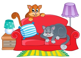 Wall Mural - Red sofa with two cartoon cats