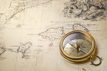 Old Compass And Rope On Vintage Map 1732