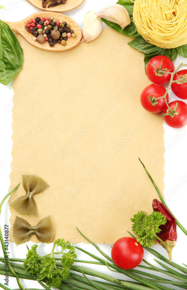 paper for recipes,vegetables and spices, isolated on white