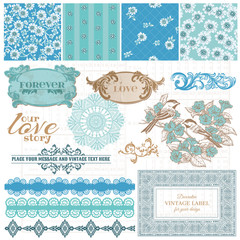 Wall Mural - Scrapbook Design Elements - Vintage Blue Flowers - in vector