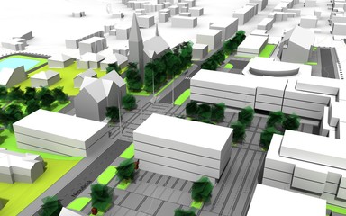 render of a city model in green and white