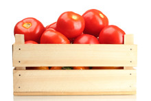 Ripe Red Tomatoes In Wooden Box Isolated On White
