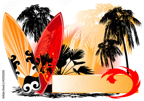 Fototapeta na wymiar ssommer hintergrund mit palmen und surfboard