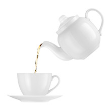 Teapot Pouring Tea Into A Cup On A White Background