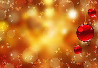 Wall Mural - Red Christmas ornaments on a gold background de-focused