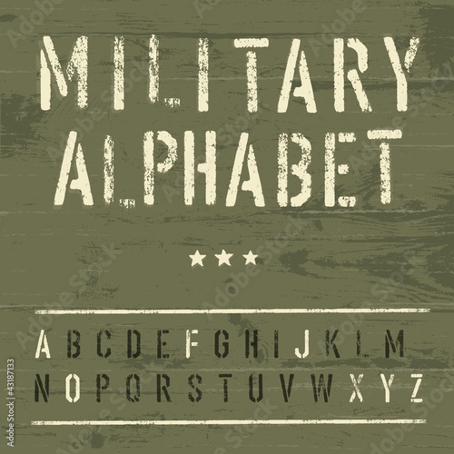Board z aluminiowym obramowaniem Wojskowy vintage alfabetu. 