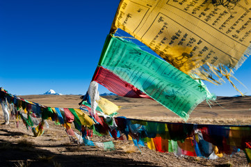 Wall Mural - Tibet prayer flags with sacred mountain in the background