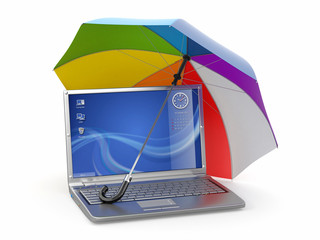Poster - Protection of information. Laptop and umbrella