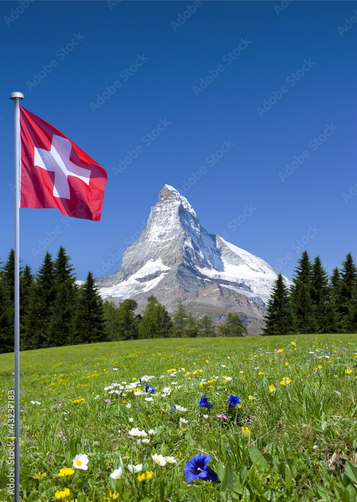 Matterhorn Mit Schweizer Flagge Wall Mural