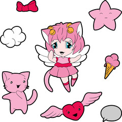 Fototapete - Collection of funny and cute happy kawaii characters.