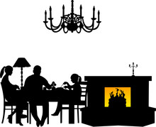 Family Having Dinner In Restaurant Or Dining Room Silhouette