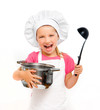 beautiful little girl with a pan and the ladle
