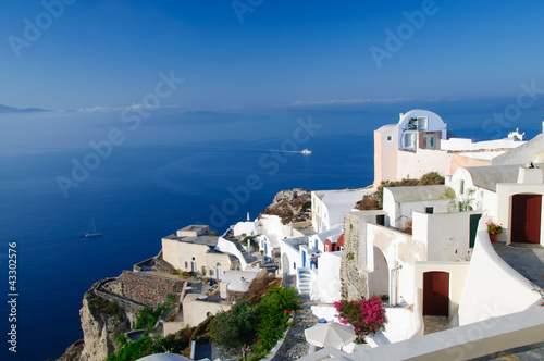Board z aluminiowym obramowaniem Krajobraz wyspy santorini, oia, Grecja