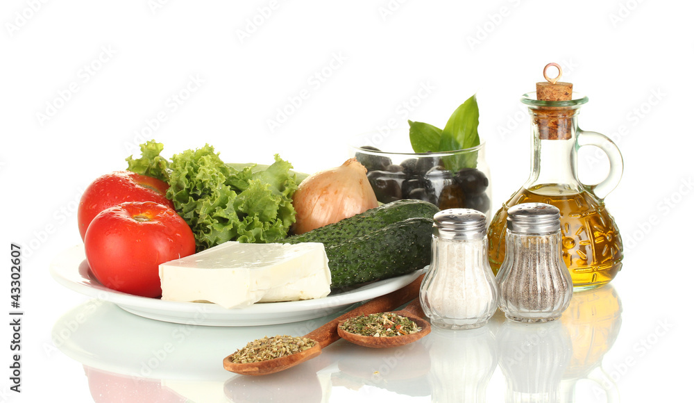 Ingredients for a Greek salad isolated on white background