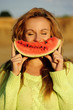 Beautiful woman, funny, eating, watermelon