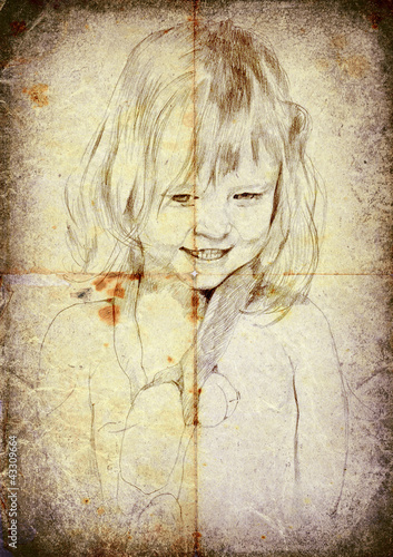 Naklejka dekoracyjna vintage processing, hand drawing - little girl