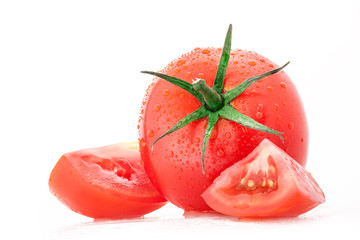 Wall Mural - Tomato with water drops, isolated on white background