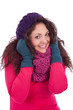 canvas print picture - junge Frau mit Mütze schal und handschuhen im Winter