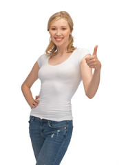 Poster - woman in blank white t-shirt with thumbs up