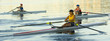 © Pete Saloutos/Blend Images - People rowing sculling boats on river
