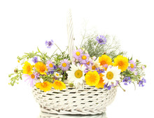 Beautiful Bouquet Of Bright  Wildflowers In Basket, Isolated