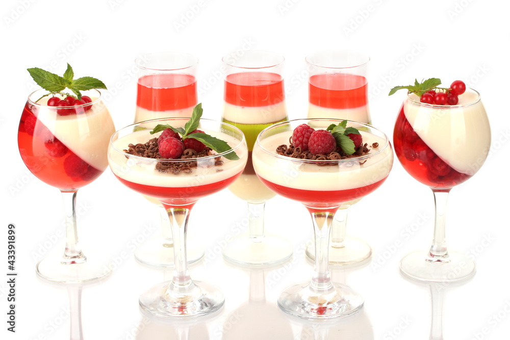 fruit jelly with chocolate and pberries in glasses isolated