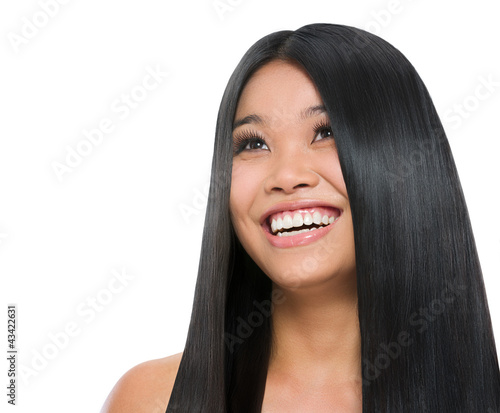 Beauty Portrait Of Smiling Asian Girl Healthy Long Straight Hair