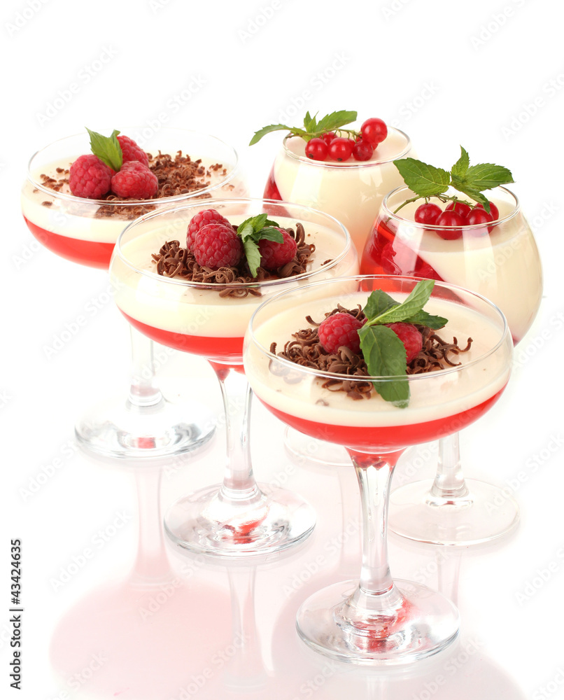 fruit jelly with chocolate and pberries in glasses isolated