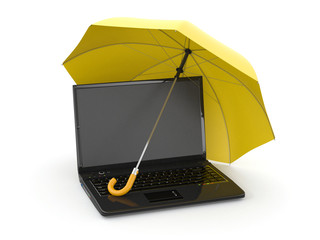 Poster - Protection of information. Laptop and umbrella