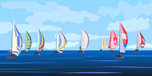 Vector Illustration Of Sailing Yacht Regatta.