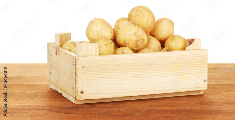 young potatoes in a wooden box