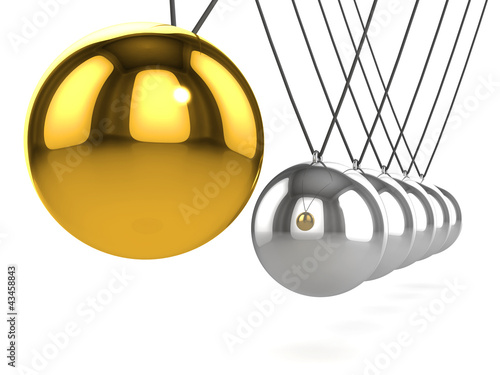 3d Newtons cradle gold ball swings towards silver