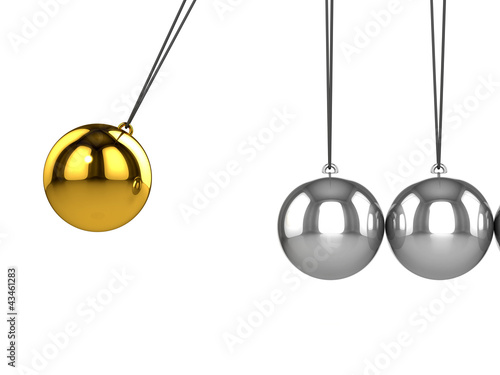 3d Newtons cradle gold ball close up